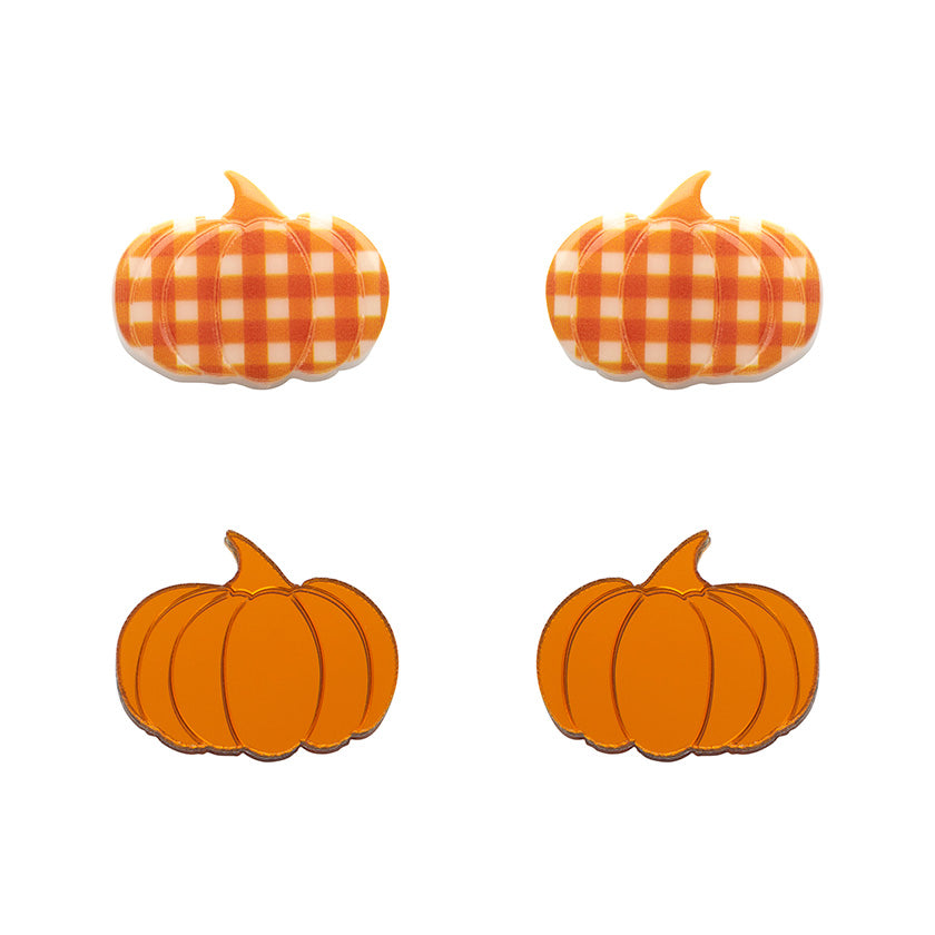 Pumpkin Patch Stud Earrings Set - Orange &amp; Orange Gingham
