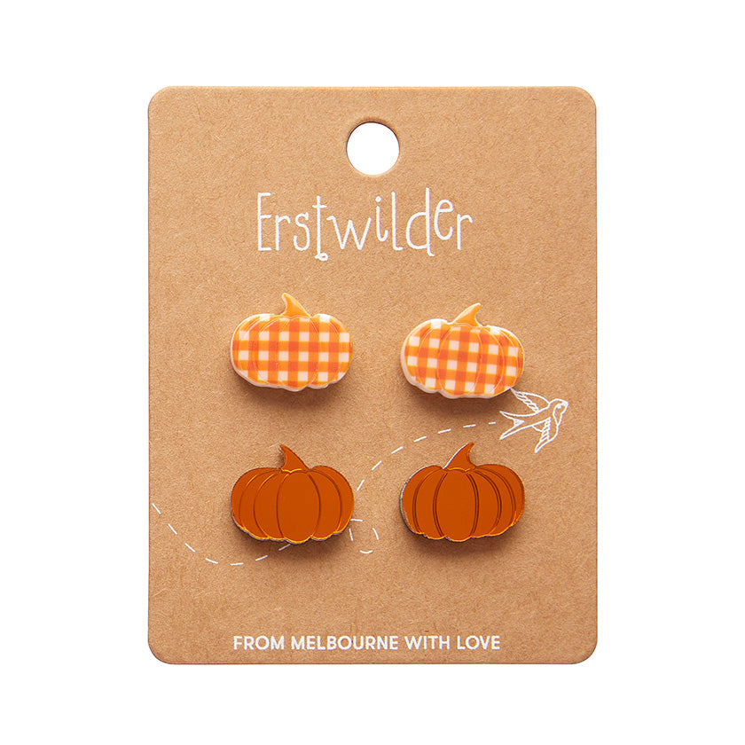 Pumpkin Patch Stud Earrings Set - Orange &amp; Orange Gingham