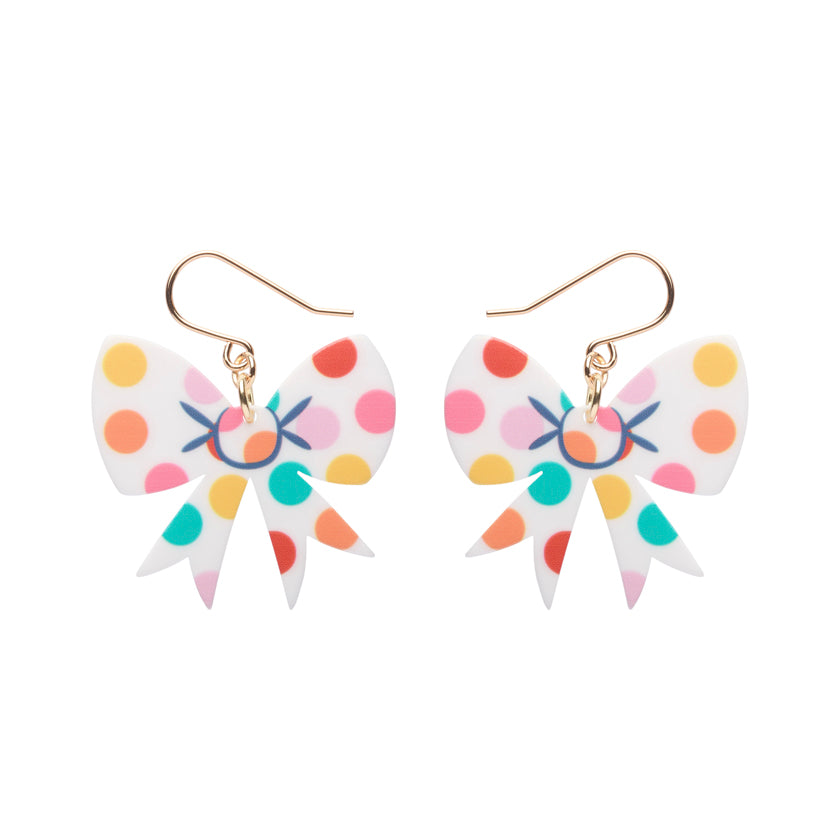 Polka Dot Bow Drop Earrings – White