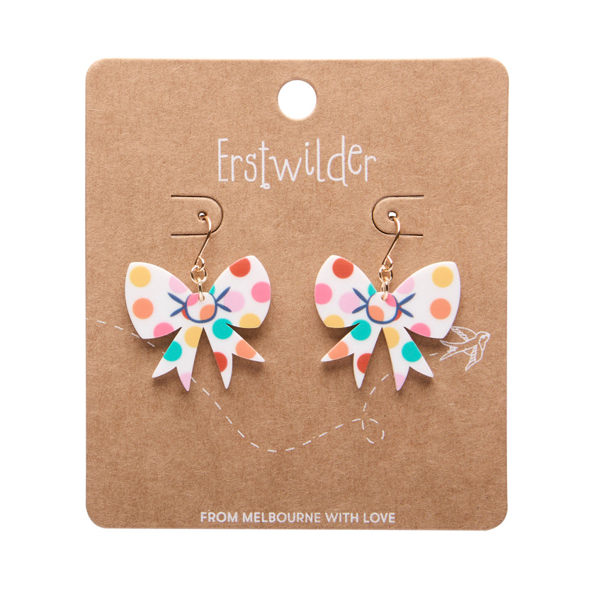 Polka Dot Bow Drop Earrings – White