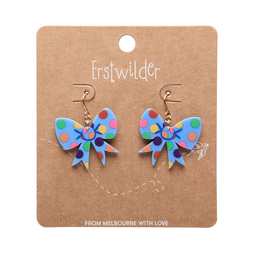 Polka Dot Bow Drop Earrings – Blue