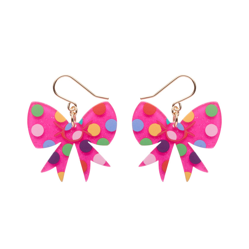 Polka Dot Bow Drop Earrings – Pink