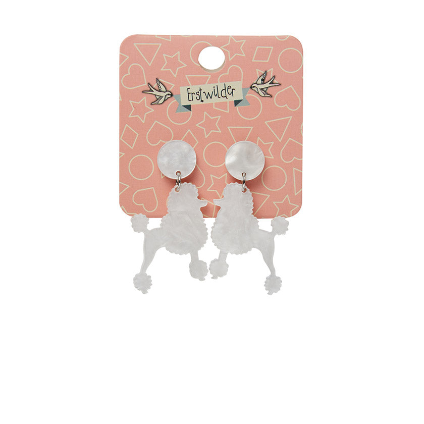 Poodle Glitter Post Drop Earrings White