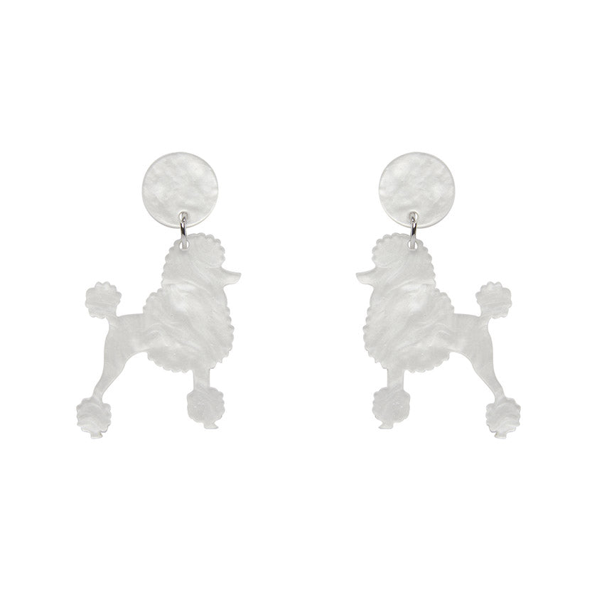 Poodle Glitter Post Drop Earrings White