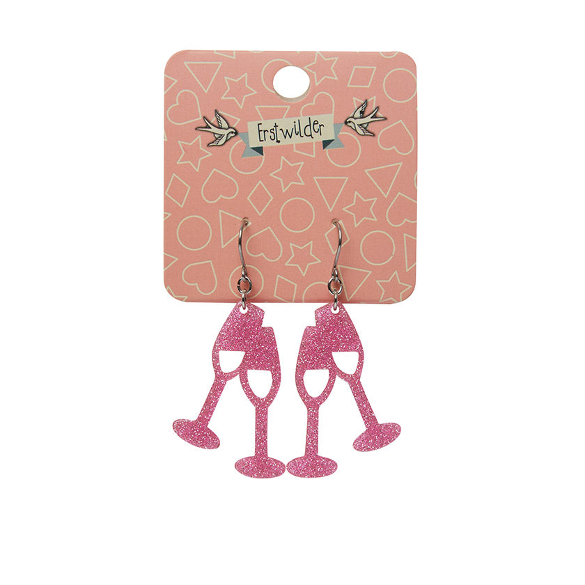 Champagne Flute Glitter Drop Earrings Pink