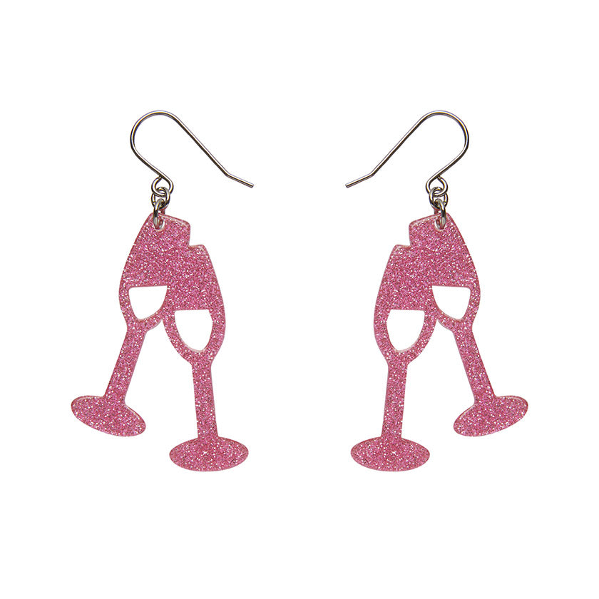 Champagne Flute Glitter Drop Earrings Pink