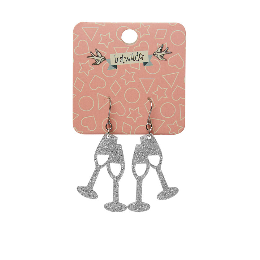 Champagne Flute Glitter Drop Earrings Silver