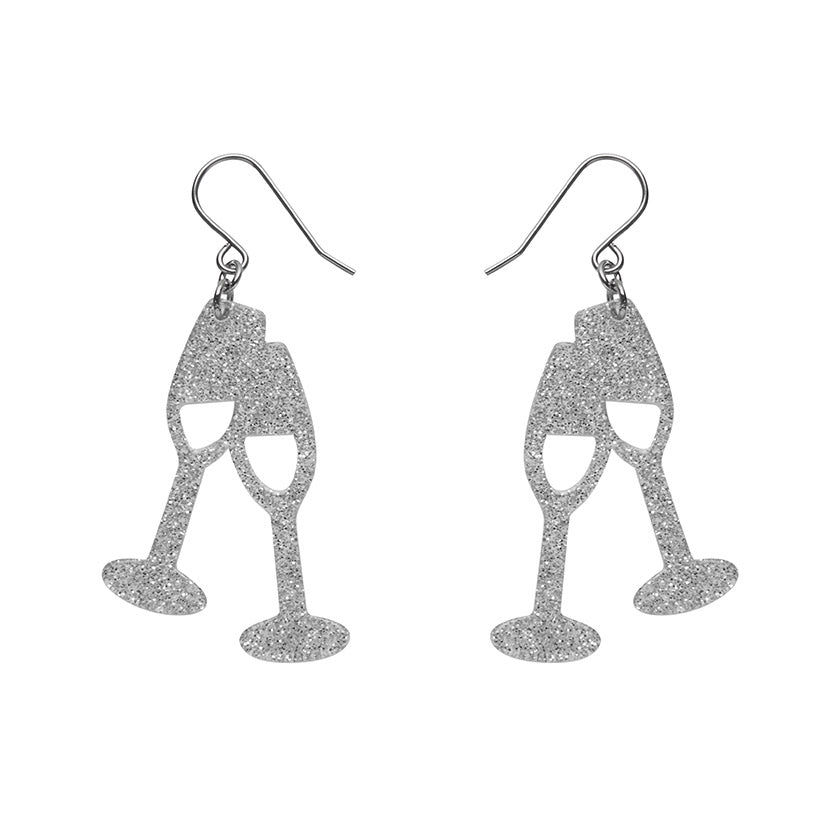 Champagne Flute Glitter Drop Earrings Silver